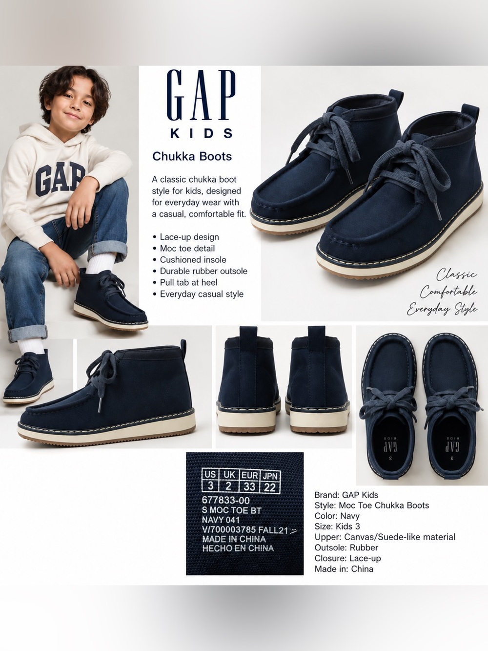 GAP Kids Navy Moc Toe Chukka Boots Size 3